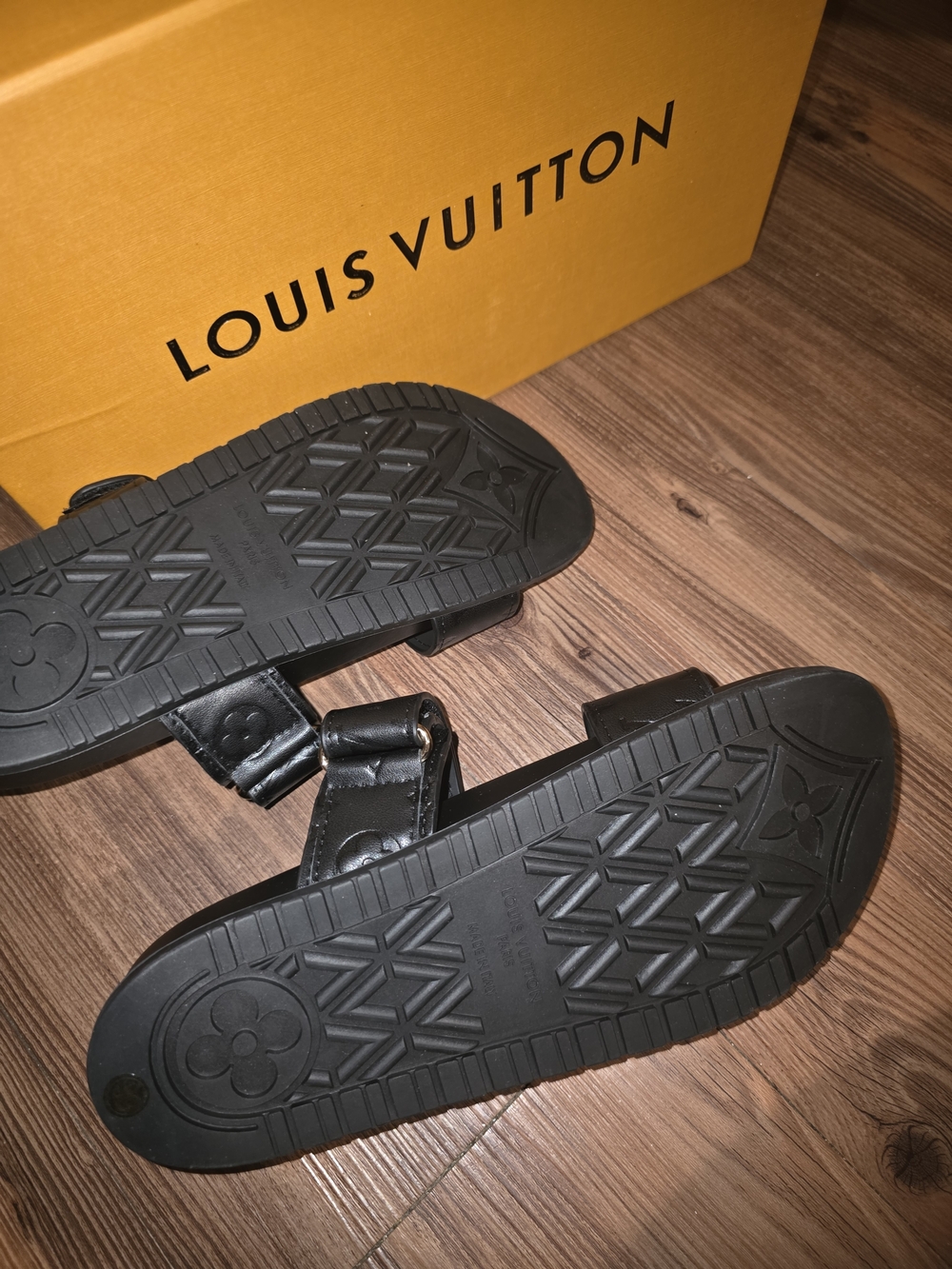 Louis Vuitton Black Monogram Embossed Leather Double-Strap Slides - Picture 3 of 3